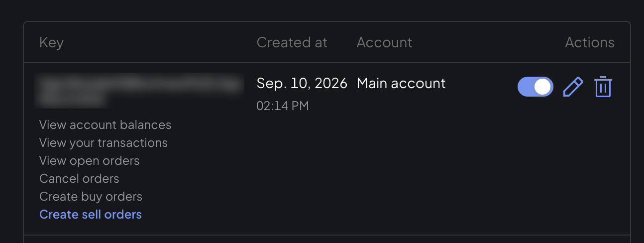 API key activated, toggle on, Main account