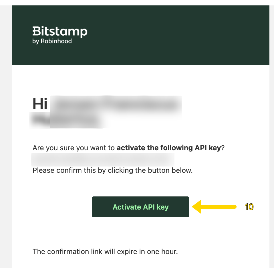 Bitstamp email: Activate API key button