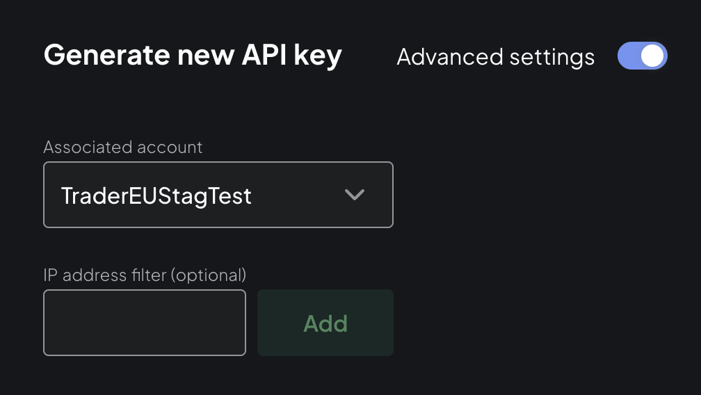Generate new API key: Advanced settings on, with sub-account TraderEUStagTest selected