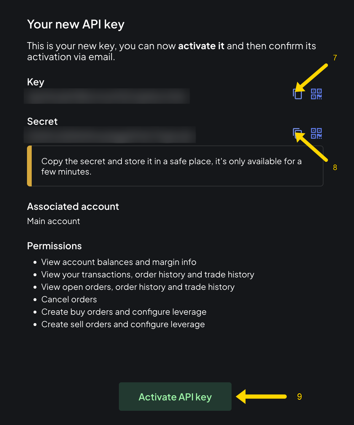 New API key and SECRET for Main account, with Activate API key button