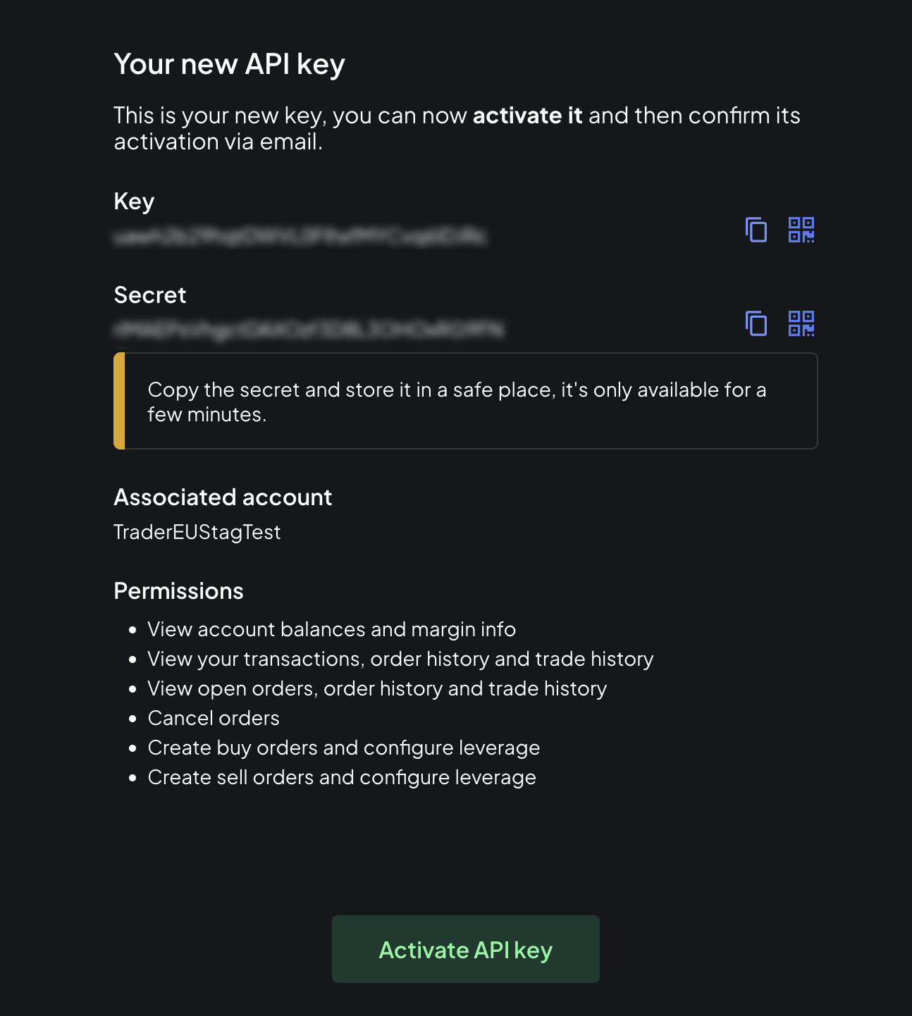 New API key and SECRET, with Activate API key button