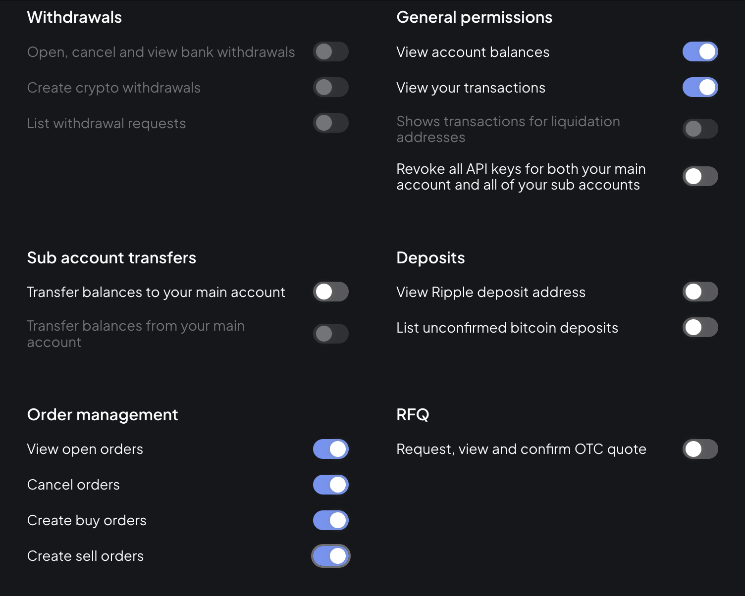 API permissions: only order management, balances and transactions on