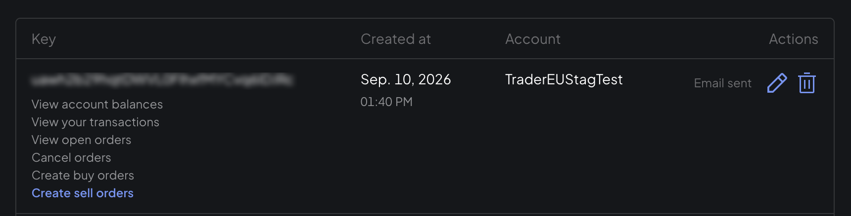 API key created, Email sent status, account TraderEUStagTest