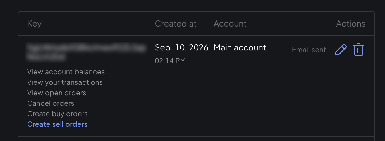 API key created, Email sent status, Main account
