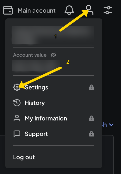 Account menu: Settings, History, My information, Support