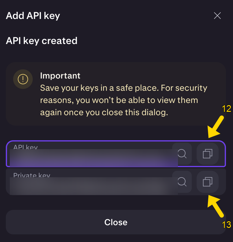 API key created: copy API key and Private key