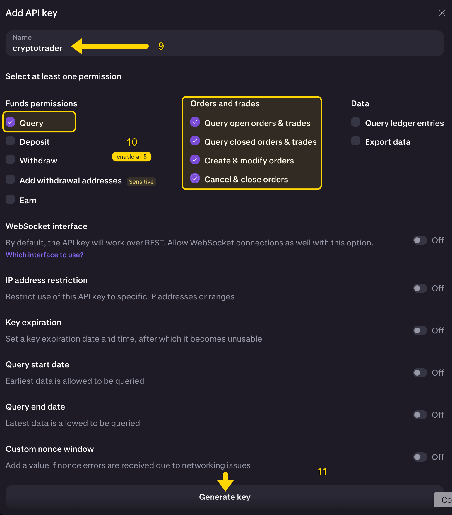 Add API key: name cryptotrader, five permissions on, Generate key button
