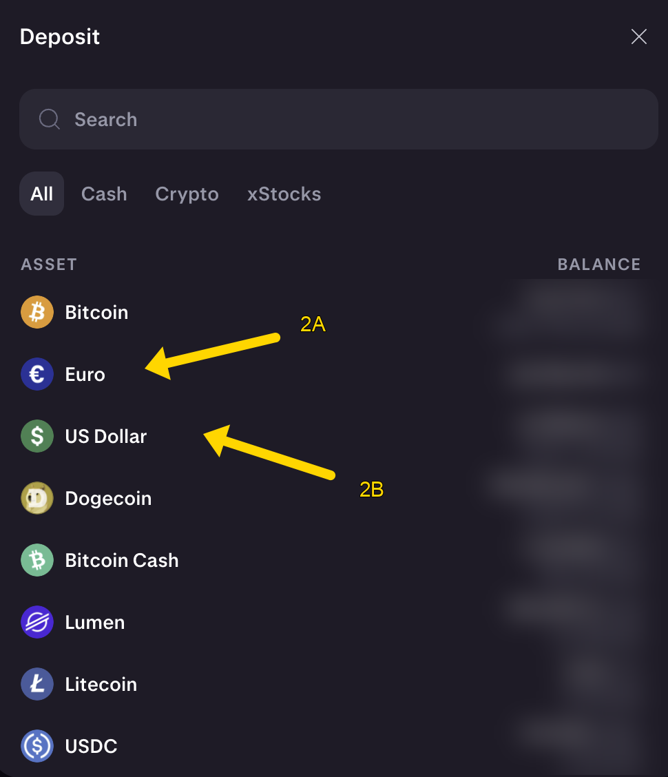 Deposit: choose Euro or US Dollar
