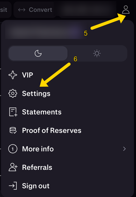 User menu: Settings