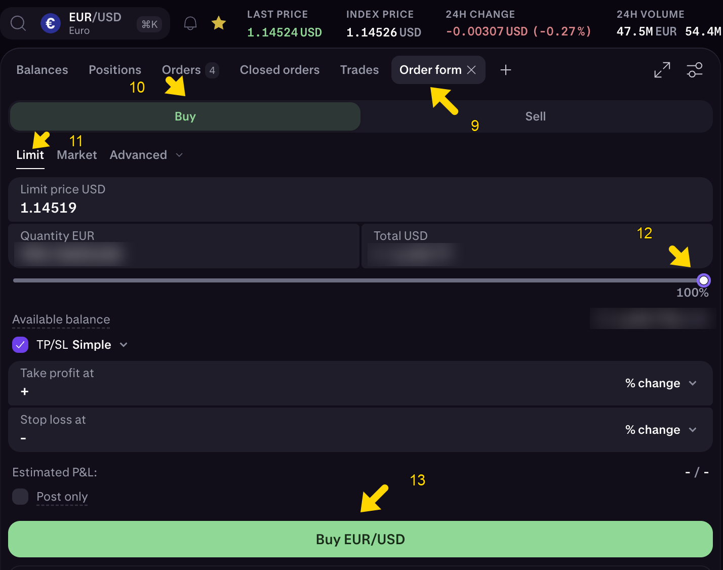 Order form, all dollars: arrow 9 on Order form and arrow 12 on the 100% slider