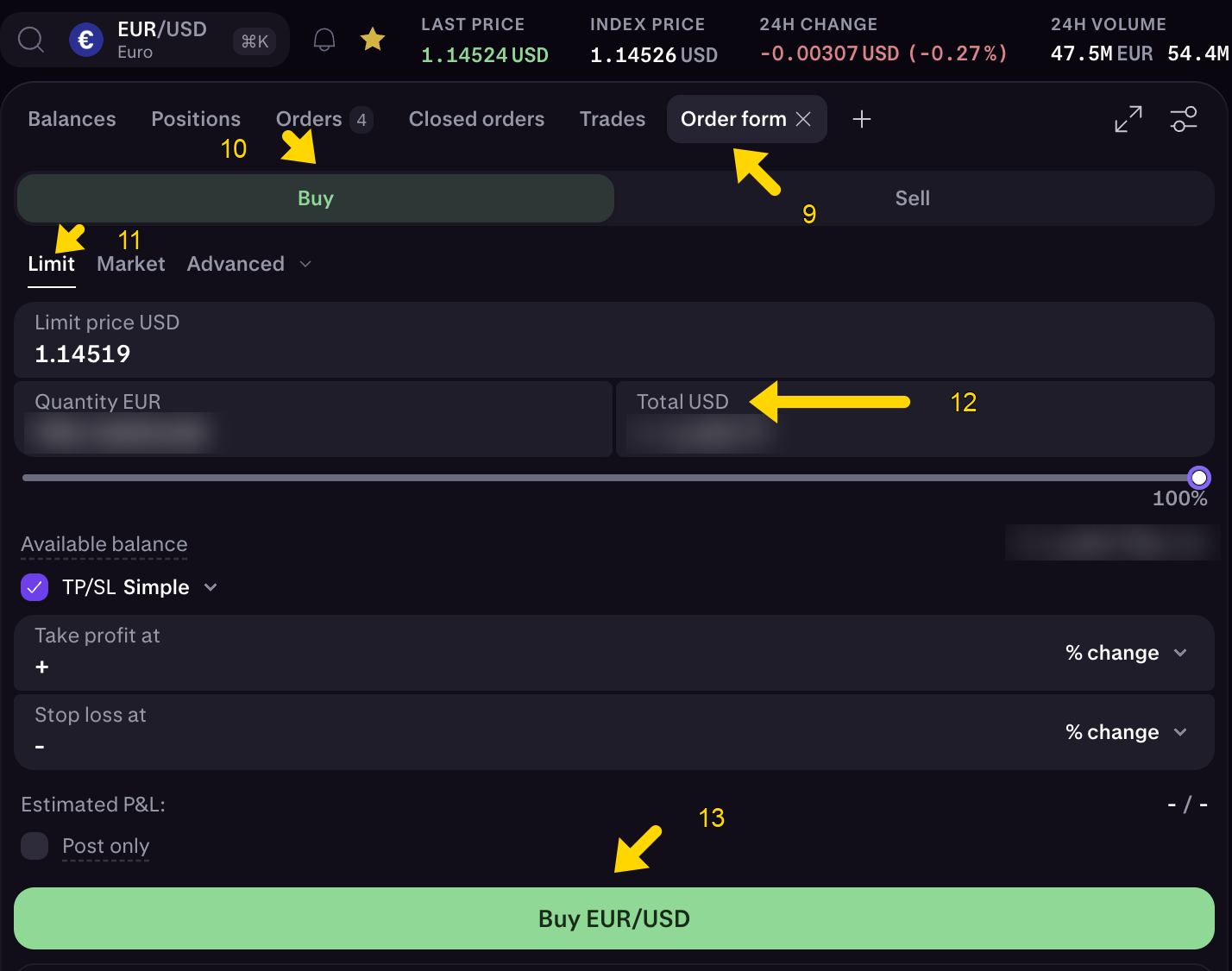 Order form, part of the dollars: arrow 9 on Order form and arrow 12 on Total USD