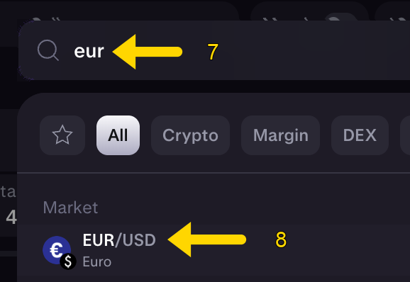 Zoekveld: pijl 7 op eur en pijl 8 op EUR/USD