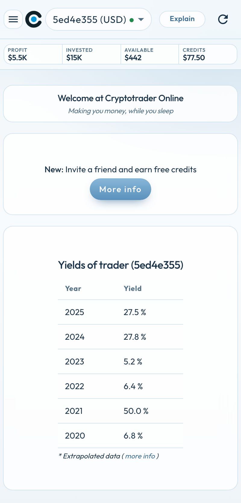 Home screen of the Cryptotrader app on the phone: hamburger menu, 5ed4e355 (USD), stats bar, referral card and yields.