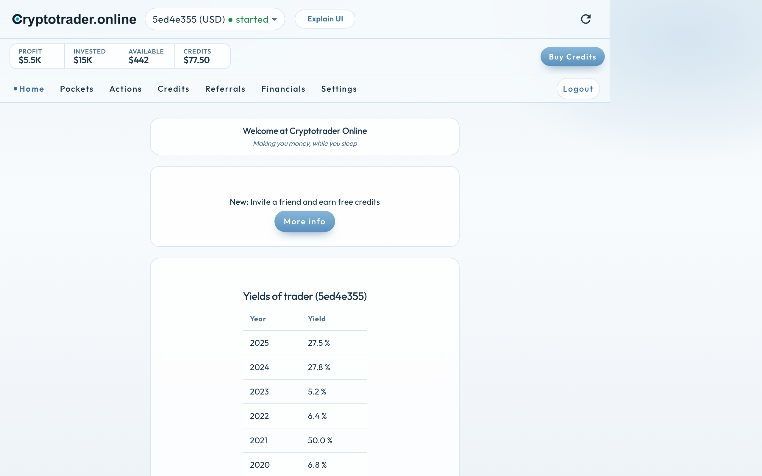 Home screen of the Cryptotrader app: trader 5ed4e355 (USD) started, with Profit $5.5K, Invested $15K, Available $442, Credits $77.50, Buy Credits, menu, referral card and yields.