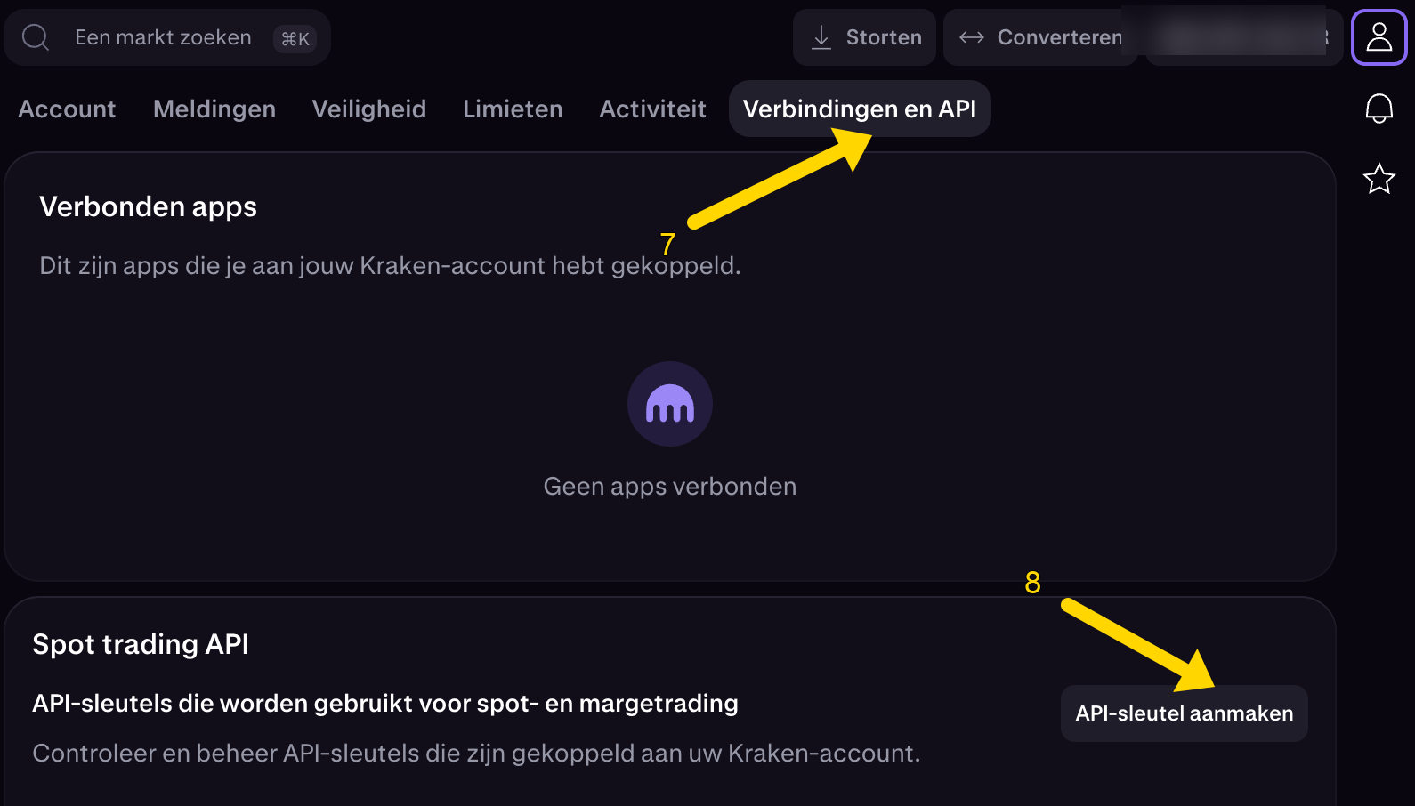 Verbindingen en API: knop API-sleutel aanmaken
