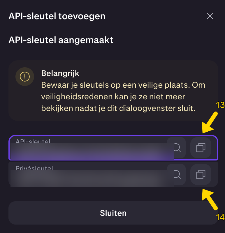 API-sleutel aangemaakt: kopieer API-sleutel en privésleutel