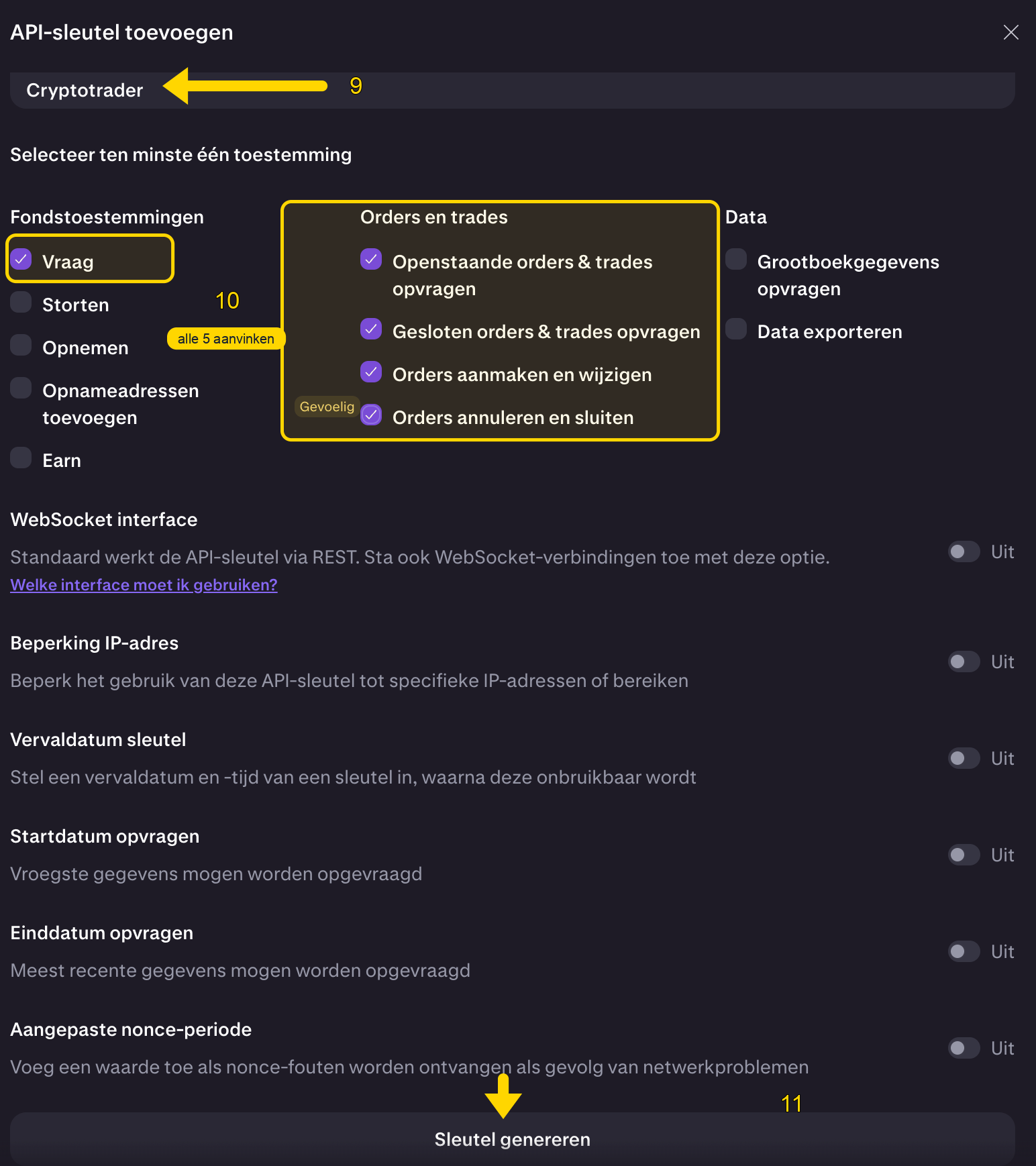 API-sleutel toevoegen: naam Cryptotrader, vijf toestemmingen aan, knop Sleutel genereren