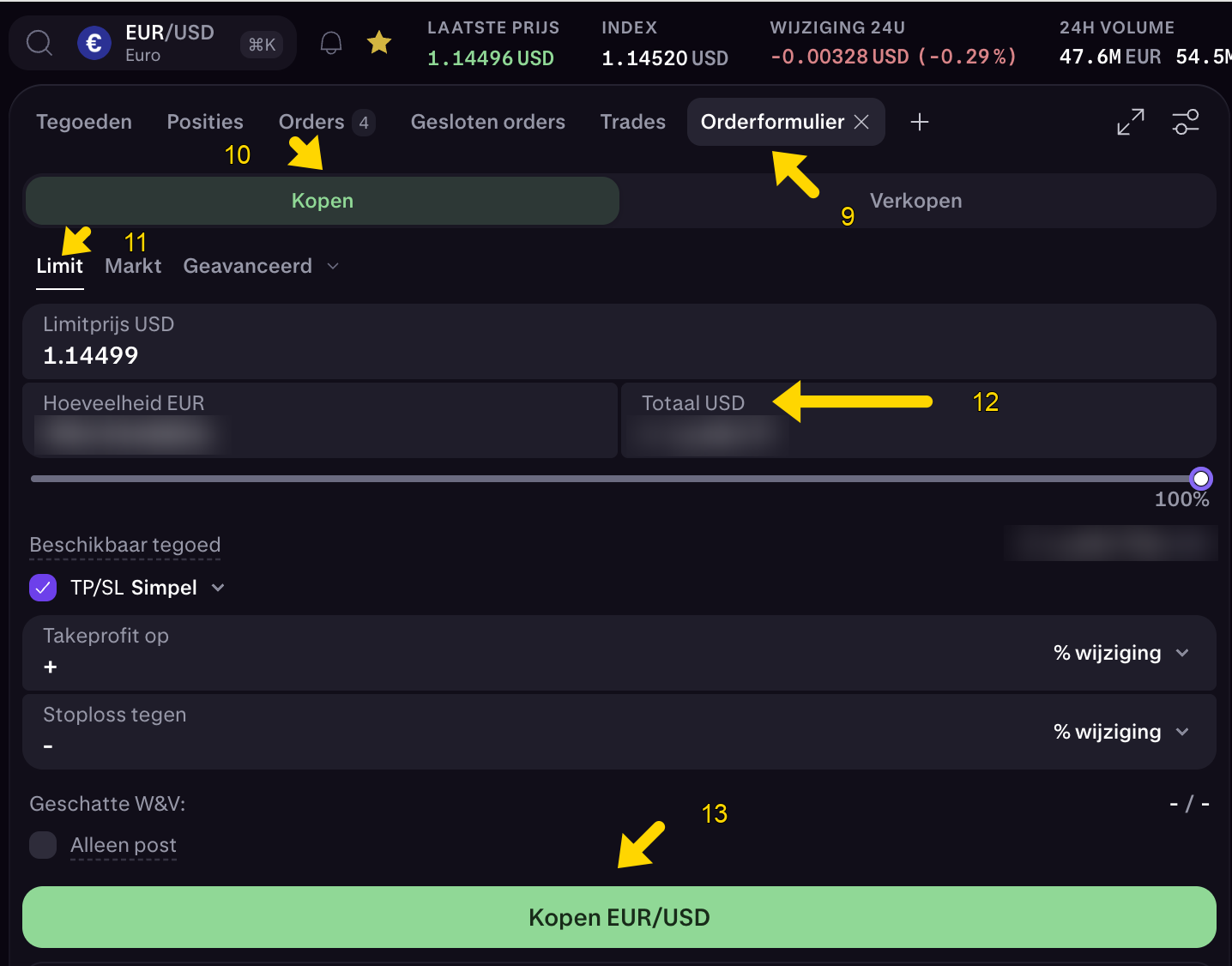 Orderformulier, deel van de dollars: pijl 9 op Orderformulier en pijl 12 op Totaal USD