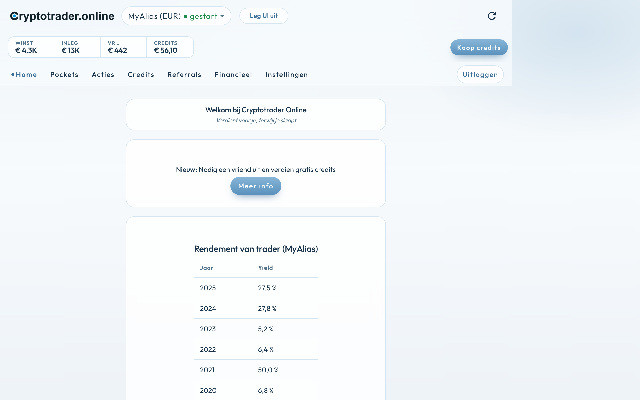 Homescherm van de Cryptotrader-app: trader MyAlias (EUR) gestart, met Winst €4,3K, Inleg €13K, Vrij €442, Credits €56,10, Koop credits, menu, referral-kaart en rendement.